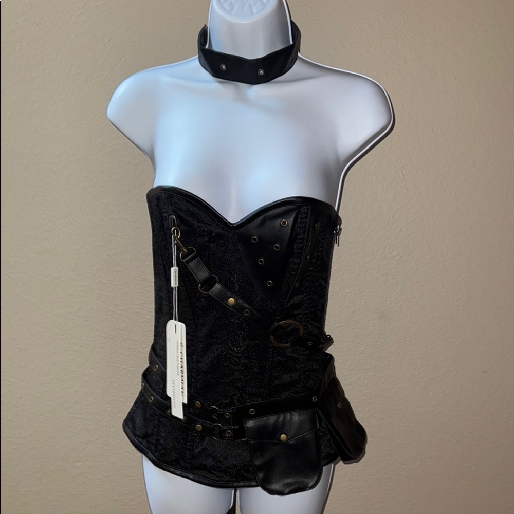 NWT Charmain Elegant Black Corset with Choker and Pouch Steampunk Goth Sz M